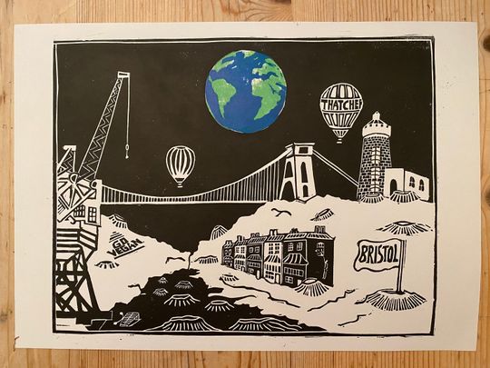 Discover Bristol on the moon - Lino print
