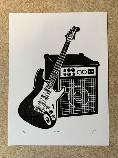 Discover Metal Lino Print of Guitar and Amp - Music Art
