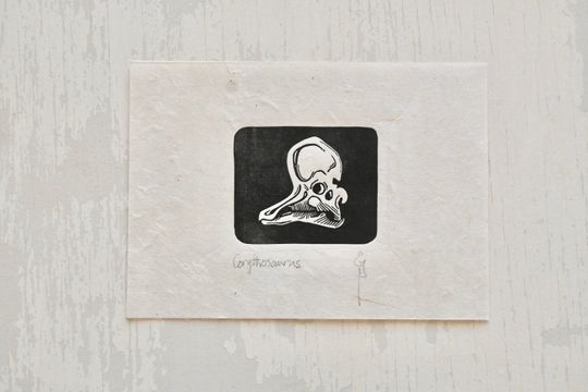 Discover Corythosaurus Hadrosaur Fossil Skull - Linocut Print - Dinosaur