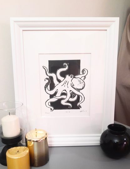 Discover Linocut Art Print - "Octopus" - Hand Printed - Limited Edition 7.5" x 9.5"