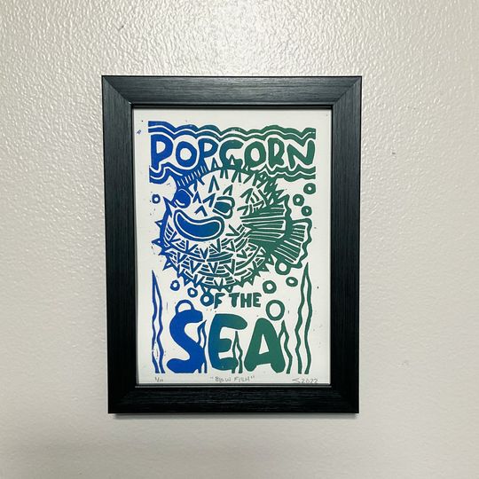 Discover Blowfish- Popcorn of the Sea - Linocut Relief Print