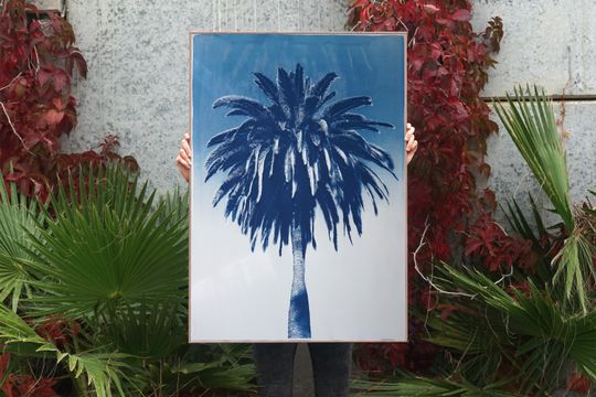 Discover Marrakesh Majorelle Palm, 100x70cm Cyanotype Print on Watercolor Paper, Large Botanical Print, Garden Scene Print, Tropical Palm, Desert Art