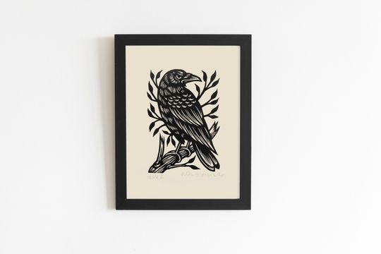 Discover Black and White Linocut Print of Crow on Branch