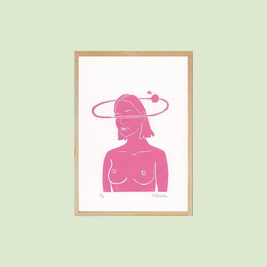 Discover Spacey - mini print - My World Revolves Around You - Original, limited edition linoprint - Mini - Beautiful, feminine art - minimalist art