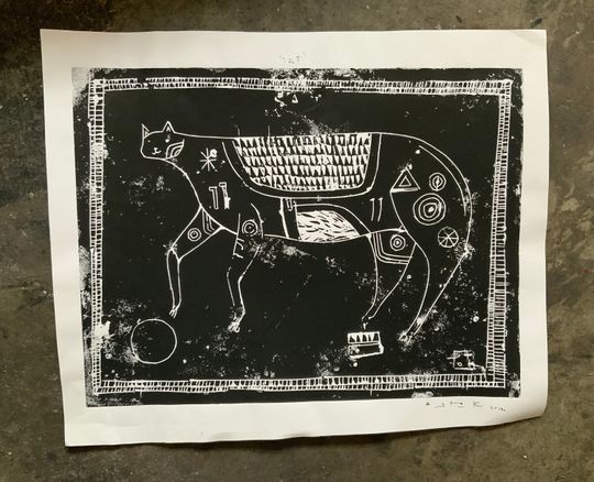 Discover Cat, lino-print