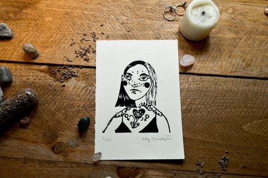 Discover Tattoo Girl Linocut Relief Print