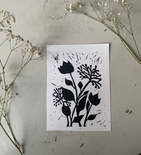 Discover Original Linocut Print, Flowers, Black and White, Feministartist
