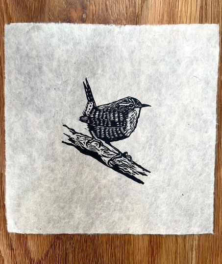 Discover Wren - lino print - bird art