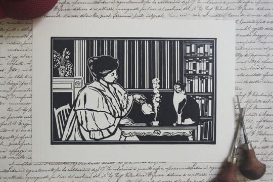 Discover Tea Time. Linocut hand printed. Hand printed linocut