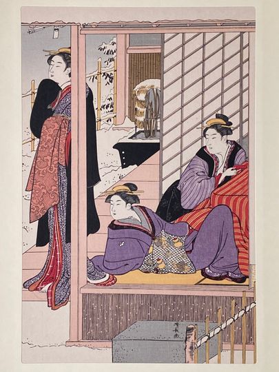 Discover Torii Kiyonaga, "Viewing a snow covered garden"