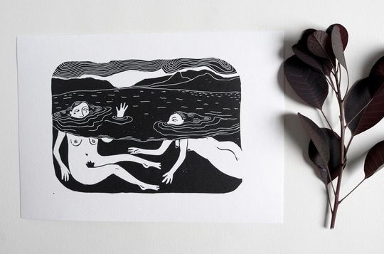 Discover Swimming In Snowdonia | Original Linocut Print inspired by wild swimming lake and ocean adventures with friends | Handmade Art