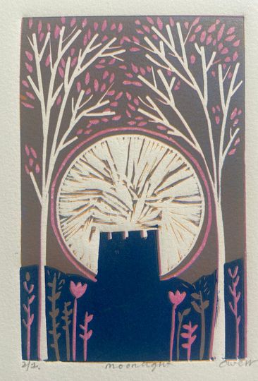 Discover Moonlight, reduction linocut