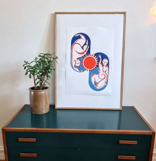 Discover Original linocut print. Wall art. Graphic modern print. Blue and red. Title: 'Skumring' (Dusk).