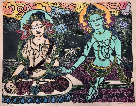 Discover Taras, Two Taras w breaching humpback whale, Green Tara, White Tara, thangka art,  American Buddhist Art,faithstoneart, mokuhanga woodblock