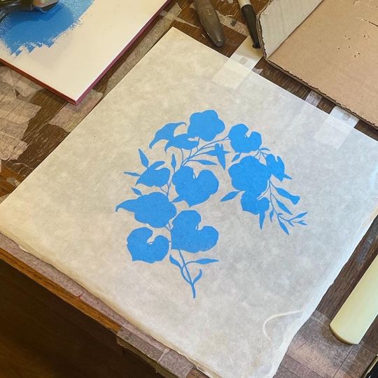 Discover Folly handmade lino cut print on Japanese washi paper. Floral print Morning Glory in blue. British flowers, part of a set of three