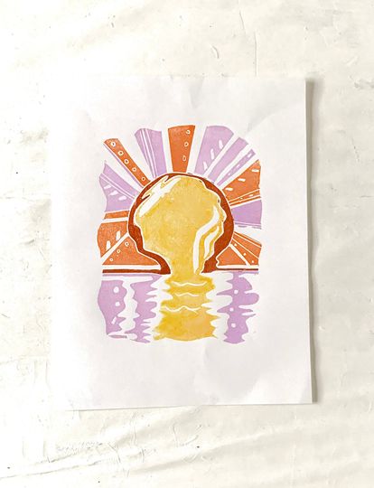 Discover Sun Over Water Multicolor Linocut Print