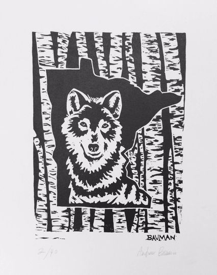 Discover Minnesota Wolf Print--birch - tree - wolverine - woods - black and white - handmade - original - forrest - art - linoleum.