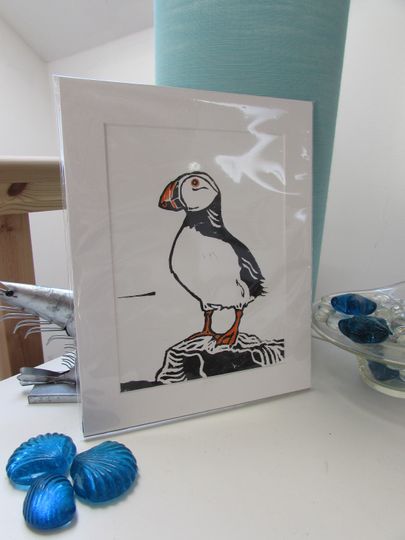 Discover Mounted Puffin Print - Hand printed Linocut Print - Seashore - Nautical linoprint gift