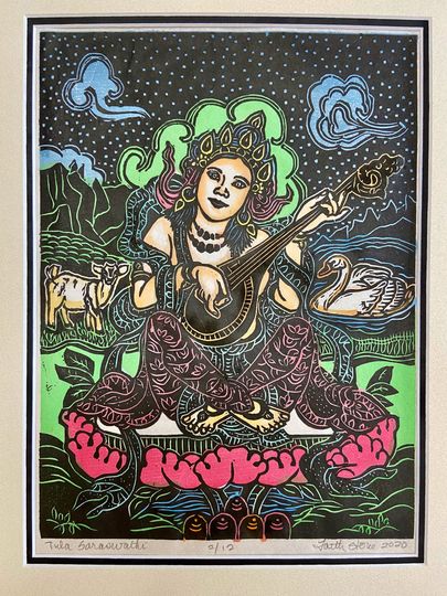 Discover Tula Saraswathi, Saraswathi goddess of music and art, Everyday Goddess, Saraswati thangka art,faithstoneart, mokuhanga woodblock
