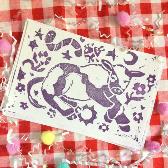 Discover cute cow print! 4 by 6 inch mini cow linocut print