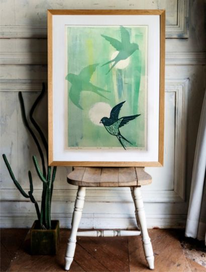 Discover Rustic Nature Print - Linocut with Birds