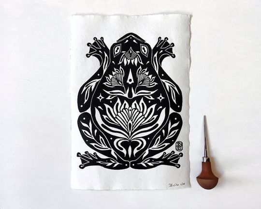 Discover a4 frog linocut print - limited original art - modern florals cotton rag paper black ink linoleum relief print printmaking natureart froggie