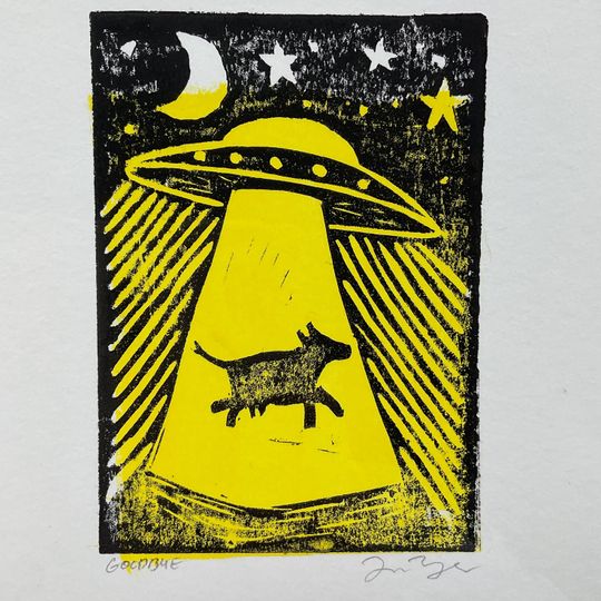 Discover UFO Cow "Goodbye" Linocut Print