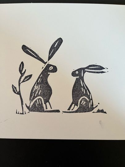 Discover Hares Linoleum Block Print-Hand Carved Hand Printed Hand Made