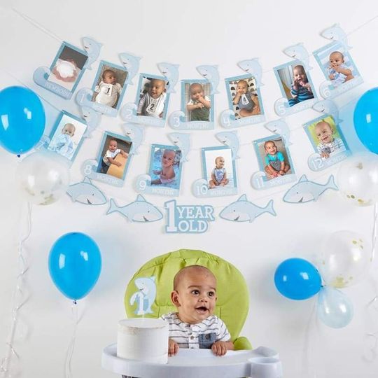 Discover 1st Birthday Milestone Photo Banner & Cake Topper - Shark Party