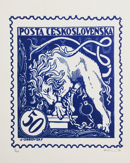 Discover Lion | Czechoslovak Postage Stamp | Handmade Limited Edition Linocut Print