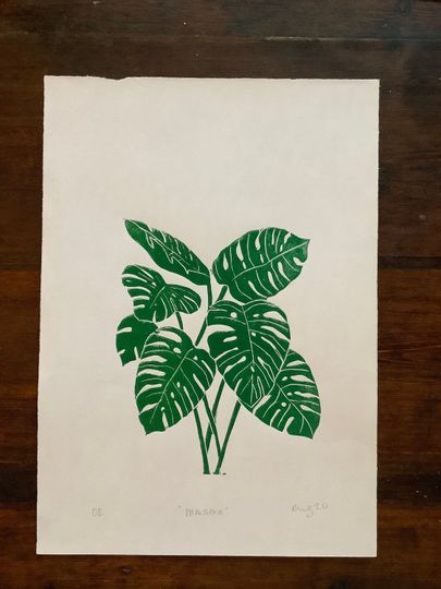 Discover Green Monstera Leaf, A4 Linocut Print