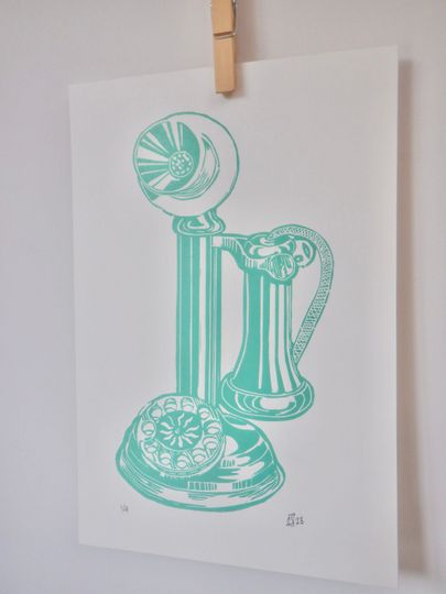 Discover Vintage Phone, lino lino print