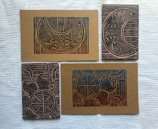 Discover Handmade Linocut prints | Sun & Moon | Red and Blue Kraft Paper Print