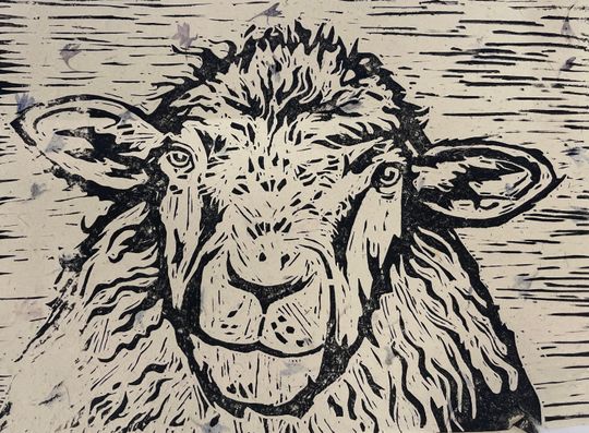 Discover Sheep lino print on cornflower paper