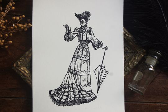 Discover Logravure "The Lady in White", engraved and printed by hand. Hand printed linocut. Mr. Victorian. 1900.