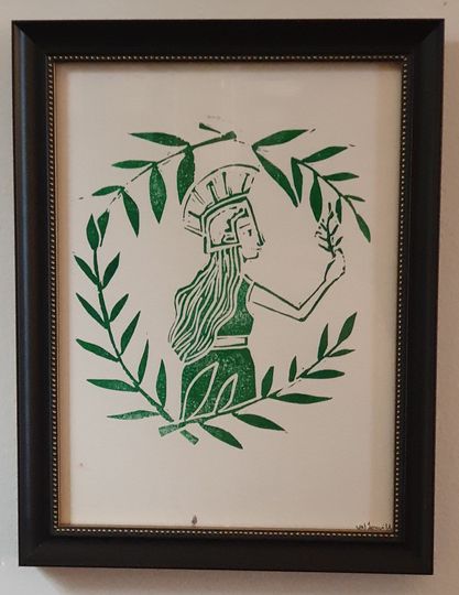 Discover Athena, handmade linocut print framed
