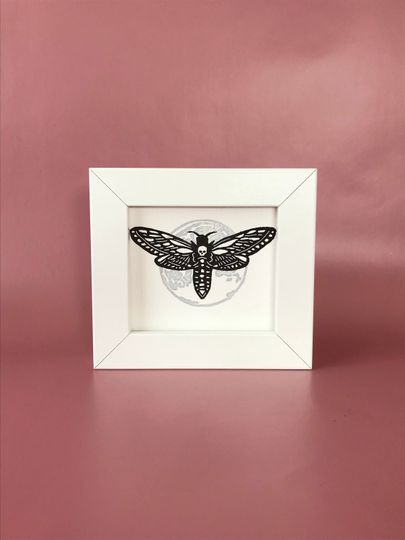 Discover Original Linocut Mini Art Print 'MOON MOTH' in Black and Sliver
