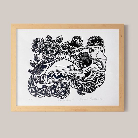 Discover Trickster Coyote and Rattlesnake Original Linocut Print