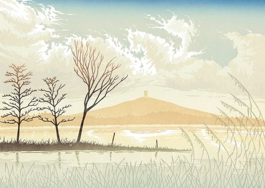 Discover Winter on the Levels: lino cut print of Glastonbury Tor, flood waters, alder trees, reeds, water reflections, cloudy sky