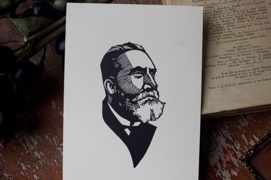 Discover Jean Jaurs. Postcard format linocut. Linocut. Hand printed. Handprinted.