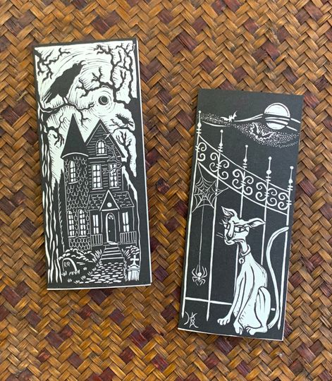 Discover Hand printed Halloween Note Cards - Haunted House & Cat with Spider Linocut Blank Greeting Cards