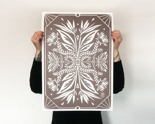 Discover A2 linocut print Bird of paradise flower light pink grey ink - original artwork - botanical linocut flowers red florals handmade home decor