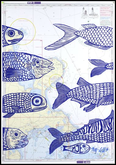 Discover linocut, With the tide, vintage sea chart, vintage map, handprinted, signed, Mariann Johansen-Ellis, blue fish, viking waters