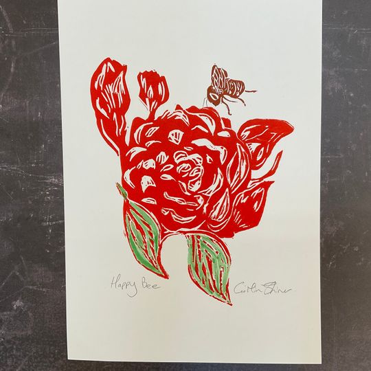 Discover Red Rose and Bee Linocut Print - Handprinted Floral Art