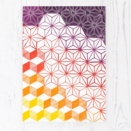 Discover Asanoha Evolution, Original Block Print, 21x15cm, Geometric Print, Warm Colours