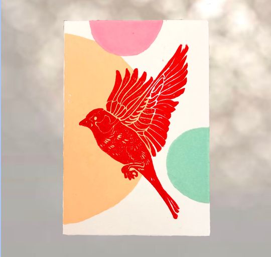 Discover Card original linoprint "bird"