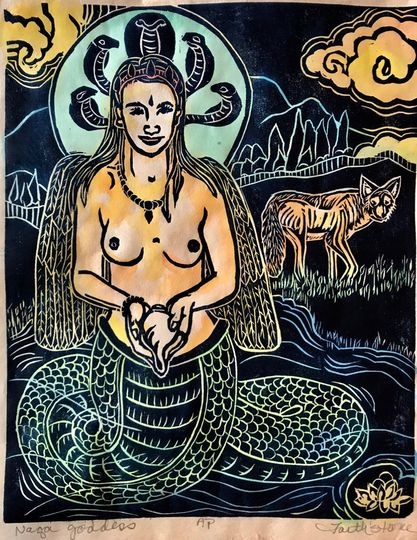 Discover Naga Goddess, Naga, heal the land, contemporary goddess series, Buddha Art, Buddhist artist, mokuhanga woodblock, thangka art, FaithStoneArt