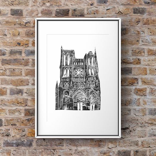 Discover Linocut Black and white Amiens Cathedral A4 gift - Linoprint Mother's Day Gift