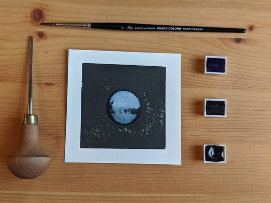 Discover Grey Blue Planet - original unique linocut hand finished with watercolour inspired by scifi, space and the galaxy