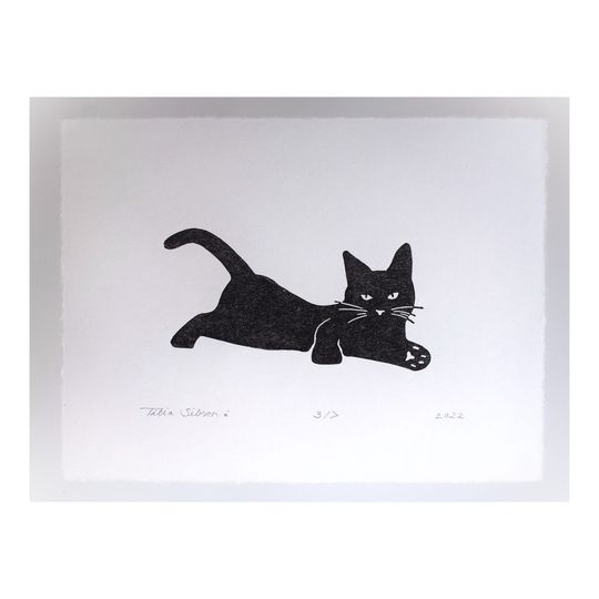 Discover Lino print Playful Black Cat Kitten